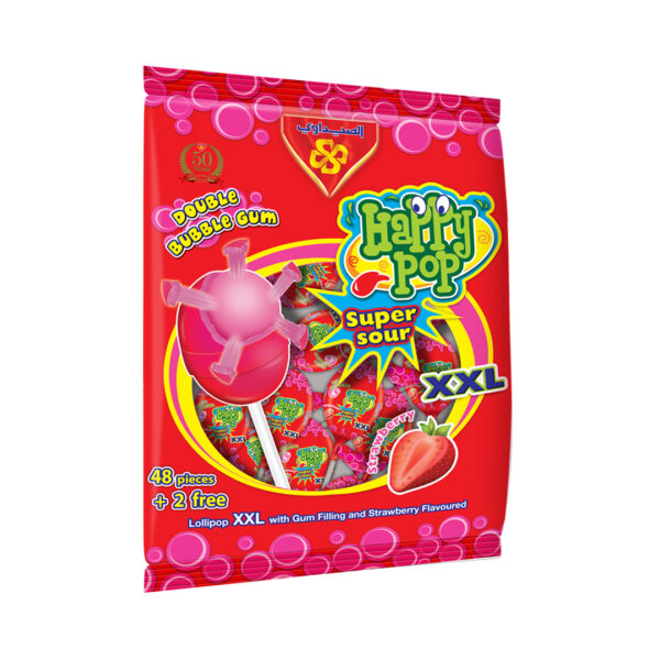 Happy Pop XXL Lollipop (Cherry Flavored with Chewing Gum Filling Bag) 50 PCs